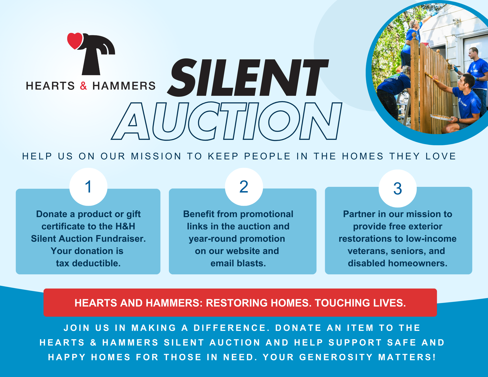 Hearts & Hammers Silent Auction promotional flyer. The flyer has a blue background with bold black and white text. The Hearts & Hammers logo, featuring a heart and hammer, is at the top. Below, the words 'SILENT AUCTION' are prominently displayed. The flyer encourages donations of products or gift certificates for a fundraiser, emphasizing tax-deductible contributions, promotional benefits for donors, and the mission to restore homes for low-income veterans, seniors, and disabled homeowners. A red banner at the bottom states 'Hearts and Hammers: Restoring Homes. Touching Lives.' A call to action invites participation in the silent auction. To the right, a circular image shows volunteers building a wooden fence.